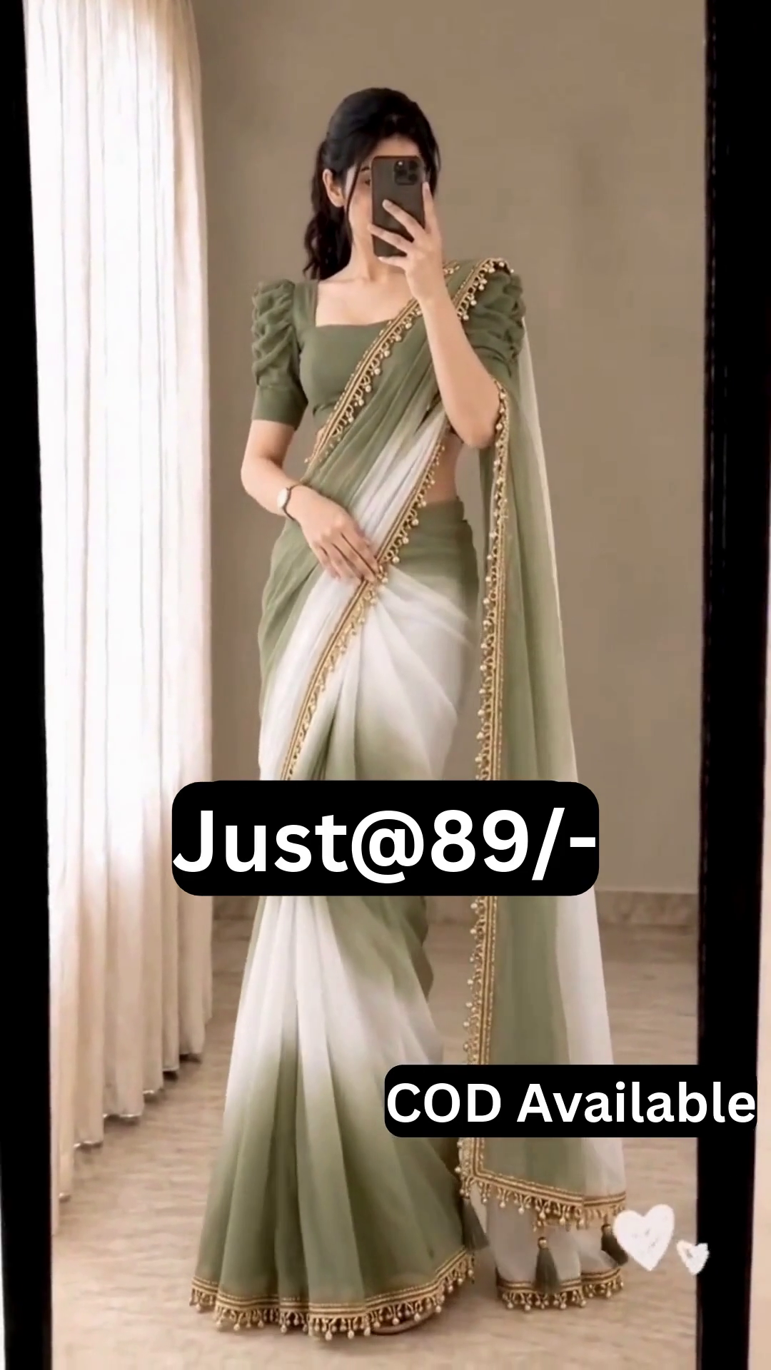 Elegant Olive Green and White Ombre Saree with Luxurious Golden Embroidered Border and Stylish Puff Sleeve Blouse for Weddings, Festivals, Parties, and Traditional Celebrations