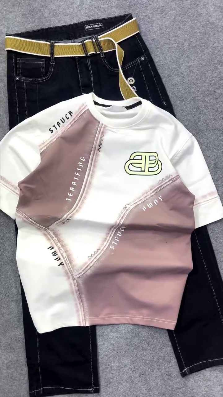 Trendy Mustard  and White Color Block T-Shirt with Stylish Black Denim Jeans, Modern Casual Streetwear Outfit for Girls and Women