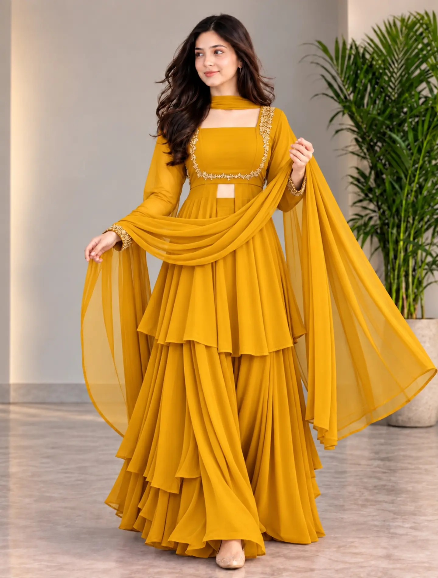 Elegant Emerald Layered Sharara Suit with Golden Embroidered Neckline, Stylish Full Sleeves, Flowing Ruffle Design, and Matching Dupatta for Weddings, Festivals, and Special Occasions