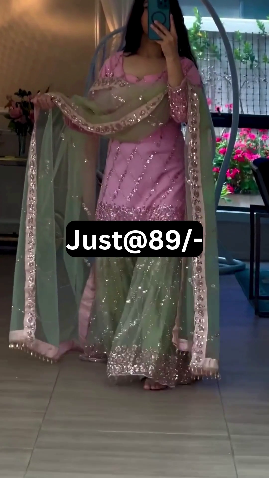 Elegant Baby Pink and Pastel Green Sequins Embroidered Sharara Suit with Beautiful Full Sleeve Kurti, Heavy Embellished Dupatta, and Sparkling Festive Wedding Party Wear Design