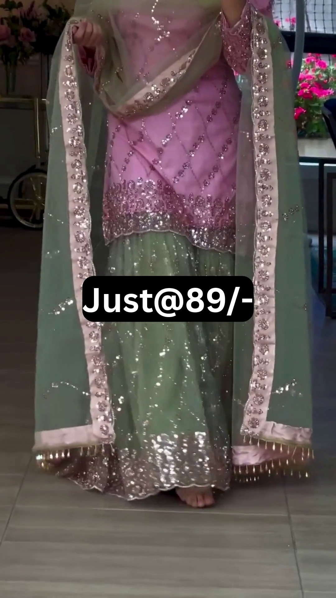 Elegant Baby Pink and Pastel Green Sequins Embroidered Sharara Suit with Beautiful Full Sleeve Kurti, Heavy Embellished Dupatta, and Sparkling Festive Wedding Party Wear Design