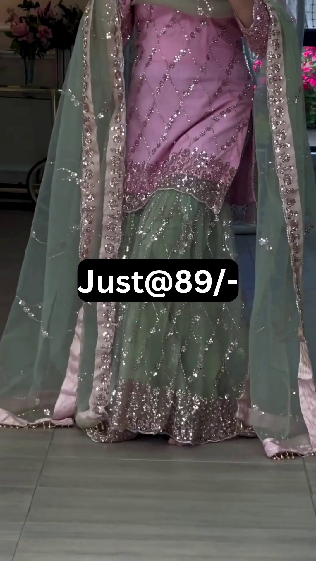 Elegant Baby Pink and Pastel Green Sequins Embroidered Sharara Suit with Beautiful Full Sleeve Kurti, Heavy Embellished Dupatta, and Sparkling Festive Wedding Party Wear Design
