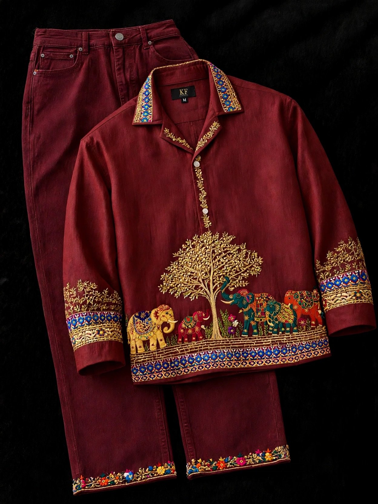 Royal  Embroidered Men's Shirt and Matching Denim Jeans Set with Colorful Elephant and Tree Motifs, Traditional Golden Threadwork, Designer Collar, and Stylish Ethnic Fusion Party Wear Look