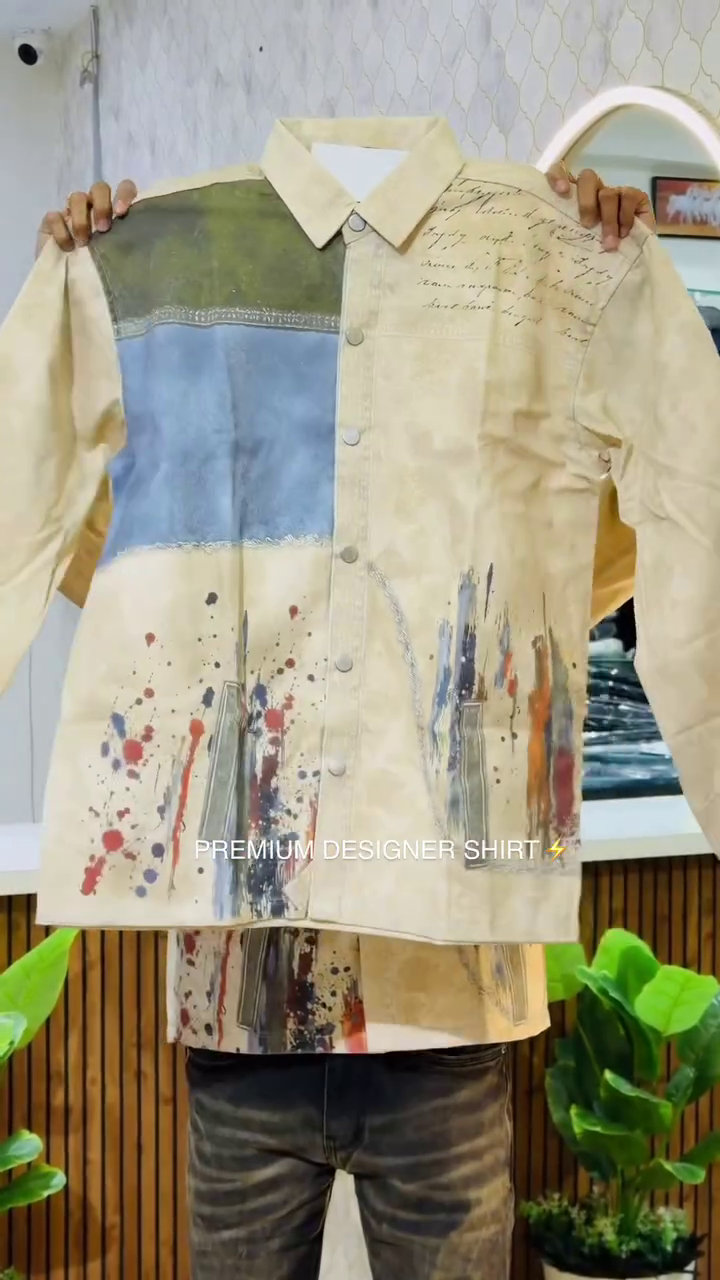 Trendy Cream Beige Abstract Printed Men's Designer Shirt with Olive Green and Blue Color Block Panels, Artistic Paint Splash Design, Stylish Full Sleeves, and Modern Casual Streetwear Fashion Look